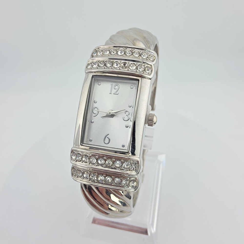 Vintage FMD Ladies Tank Watch Hinged Cuff Crystal Accents Stainless Steel 6"